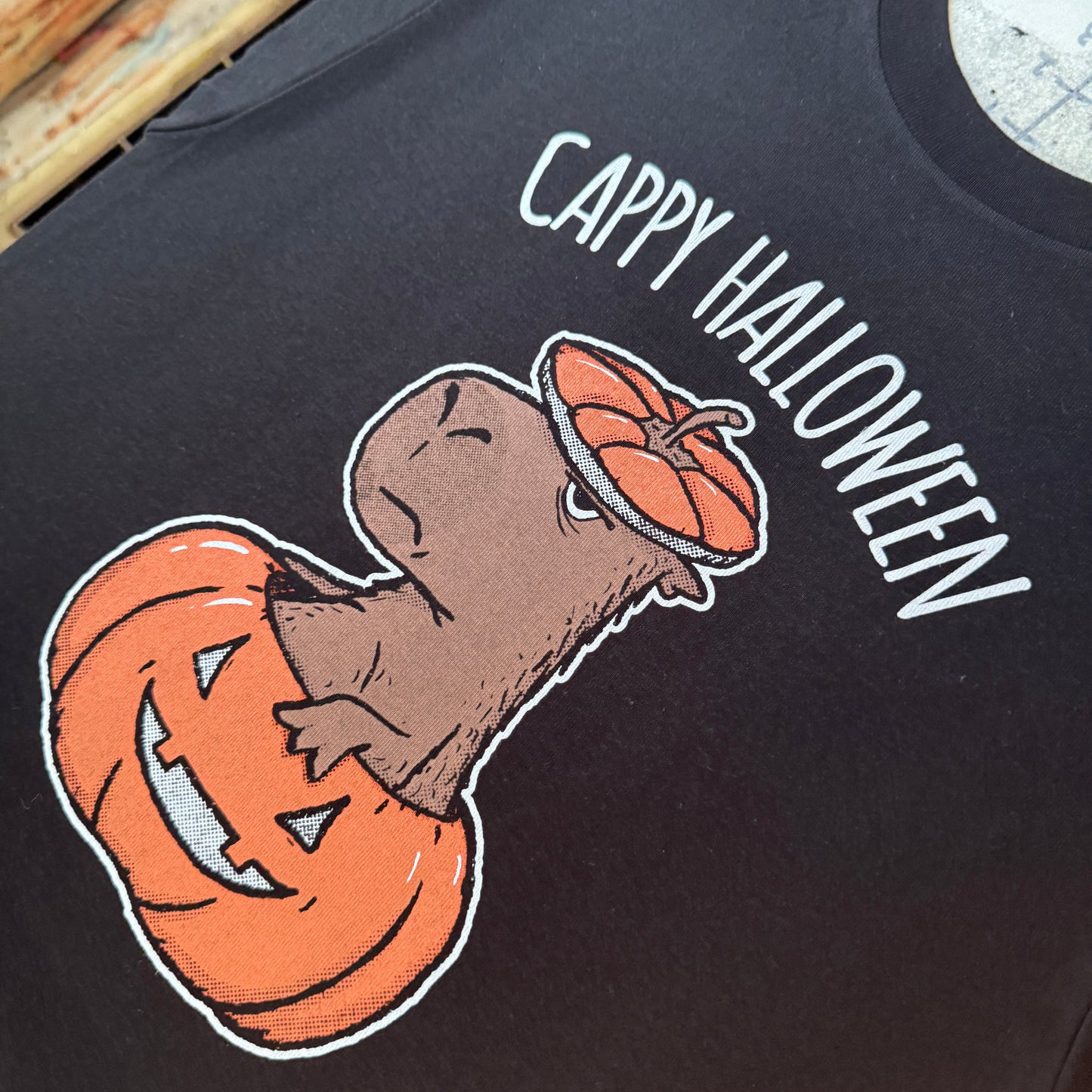 * LIMITED * Cappy Halloween t-shirt (Capybara in a Pumpkin // hand printed // original design)