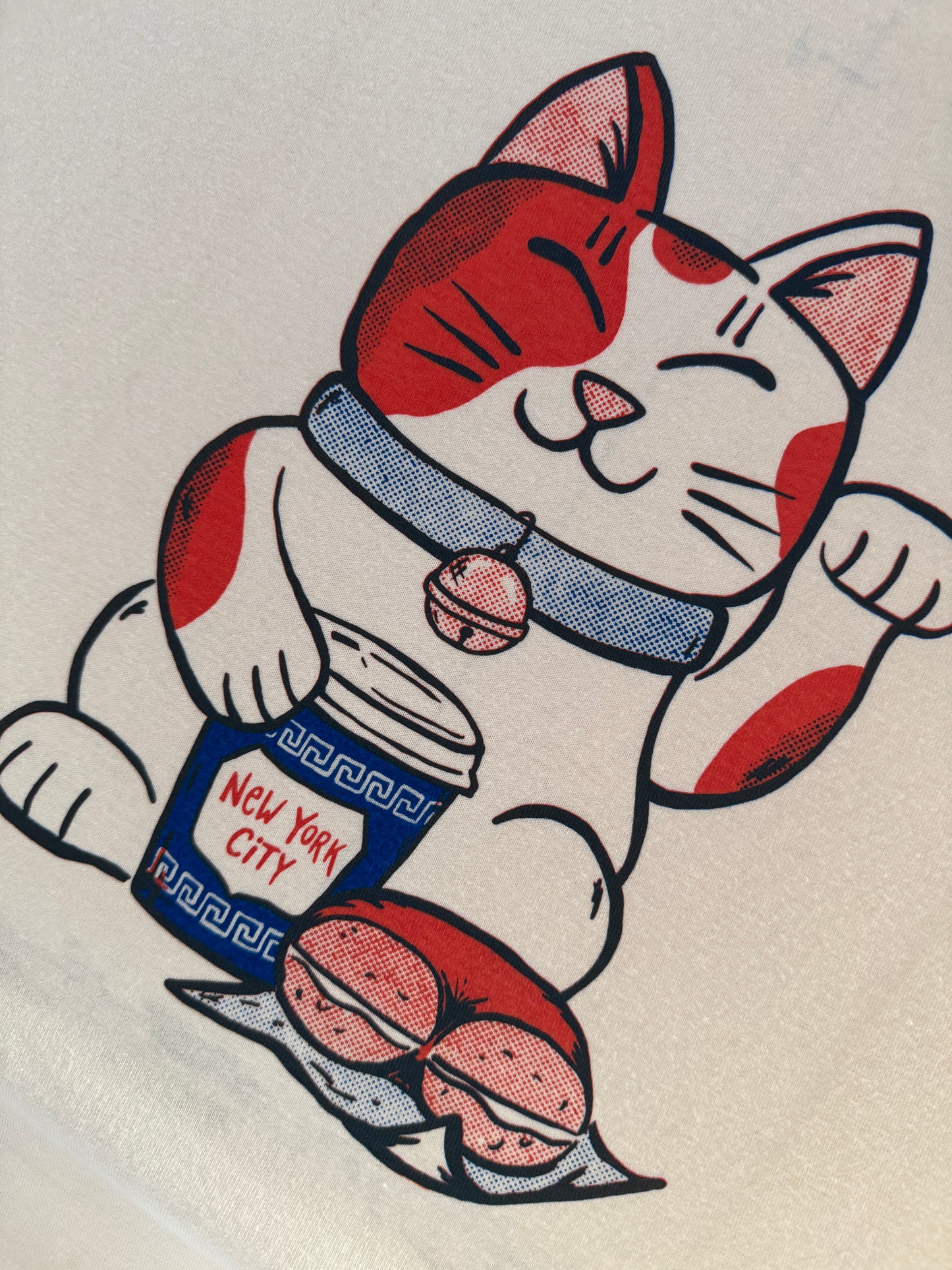 Lucky Bodega Cat with NEW YORK CITY Coffee and Bagel (original hand drawn design // hand printed)