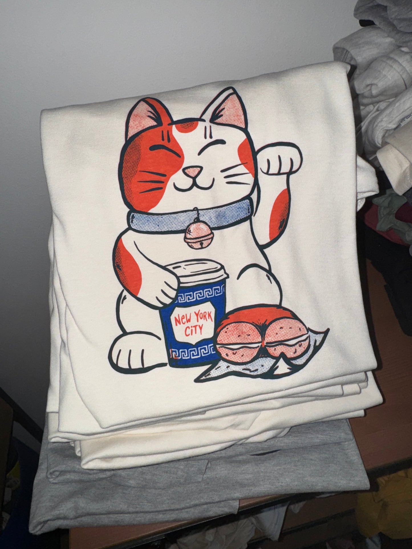 Lucky Bodega Cat with NEW YORK CITY Coffee and Bagel (original hand drawn design // hand printed)