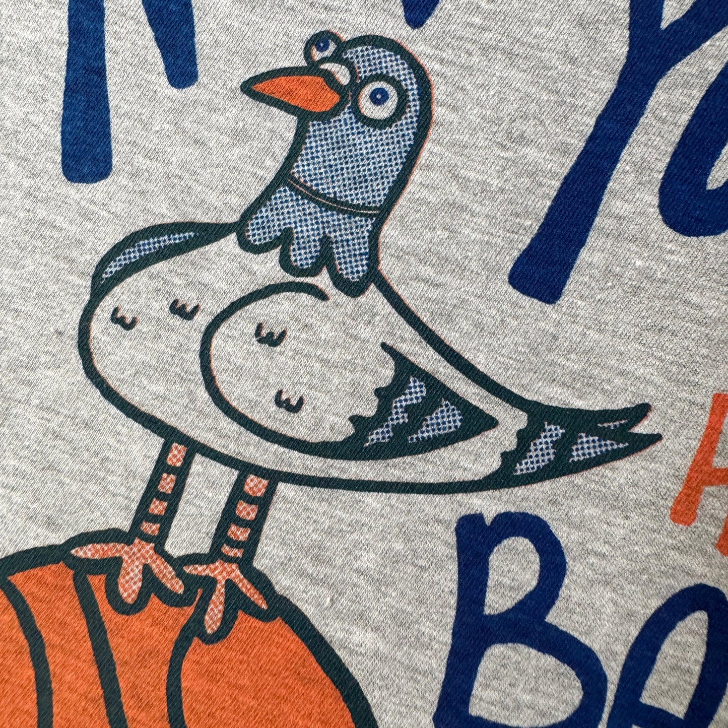T-shirt with 'New York Has Balls' text and a pigeon with sports ball graphics on a grey shirt