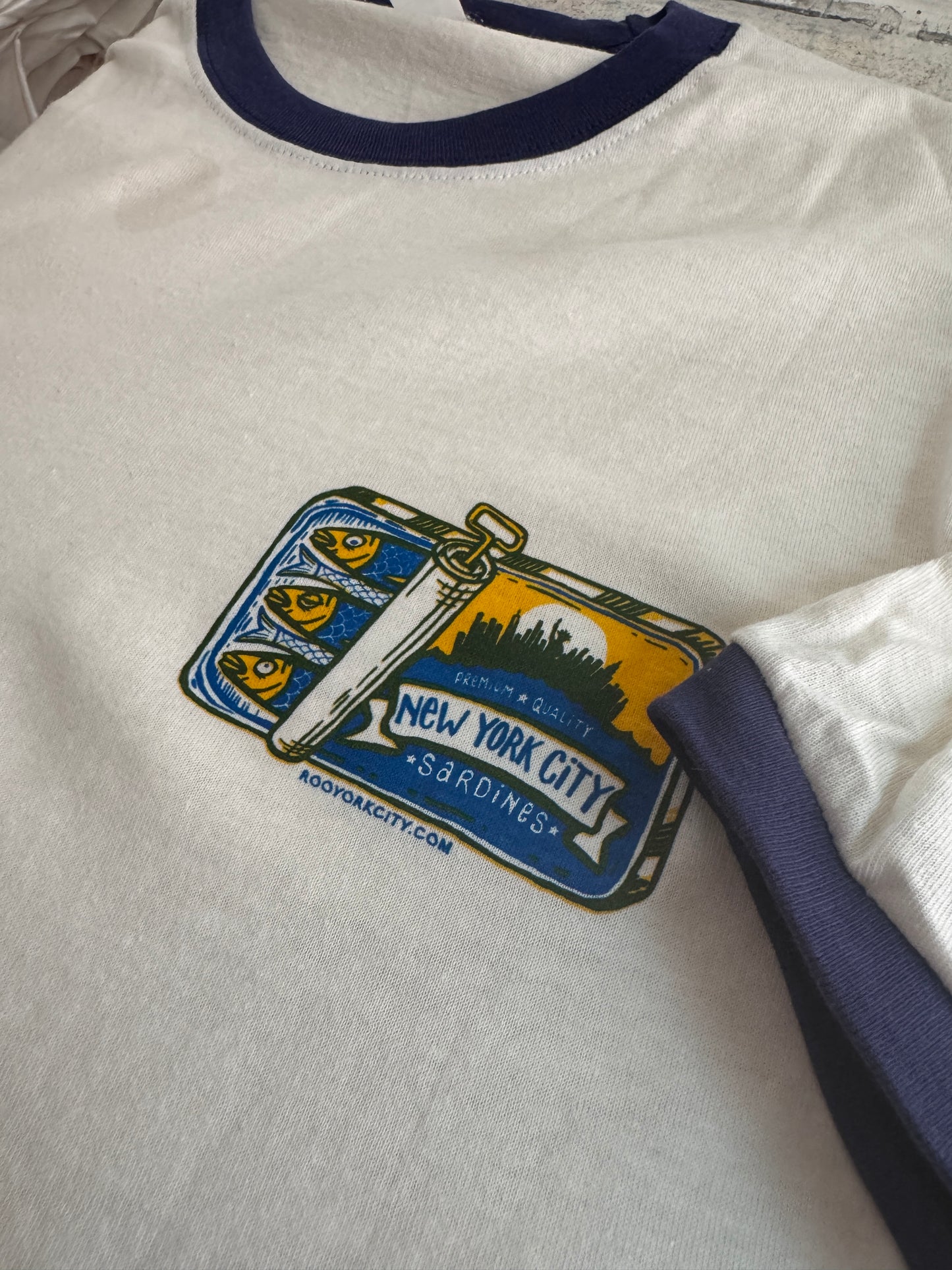 New York City SARDINES CAN Ringer Tee (original // hand printed // retro vintage style)