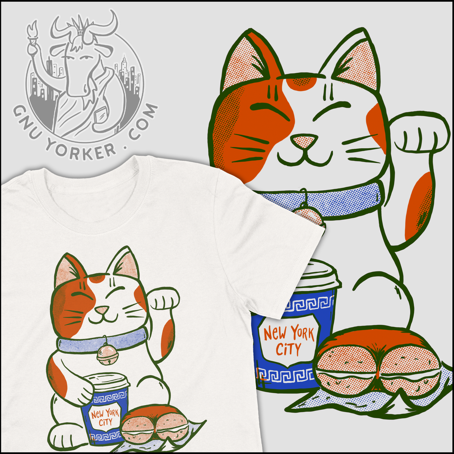 Lucky Bodega Cat with NEW YORK CITY Coffee and Bagel (original hand drawn design // hand printed)
