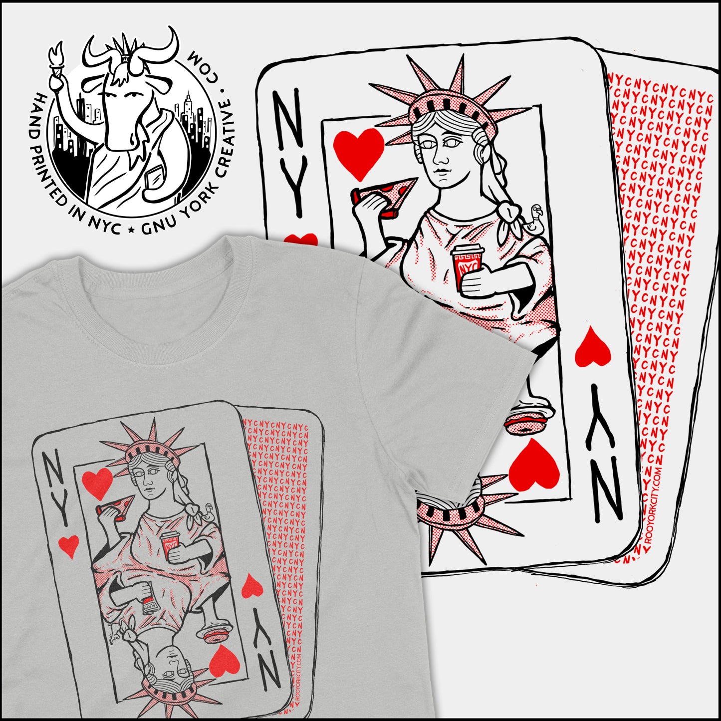 NYC Statue of Liberty Queen of Hearts Playing Card Shirt (Hand Drawn // Hand Printed)