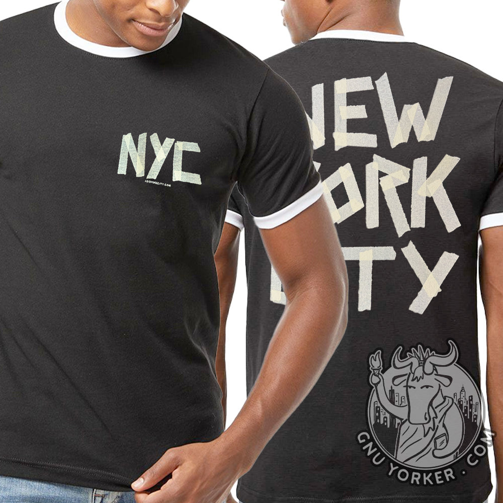 NYC Faux Masking Tape RINGER T-SHIRT (New York City // Original design // Hand Printed)