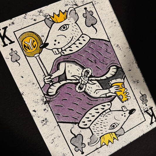 Playing card with cartoonish rat characters on a dark background