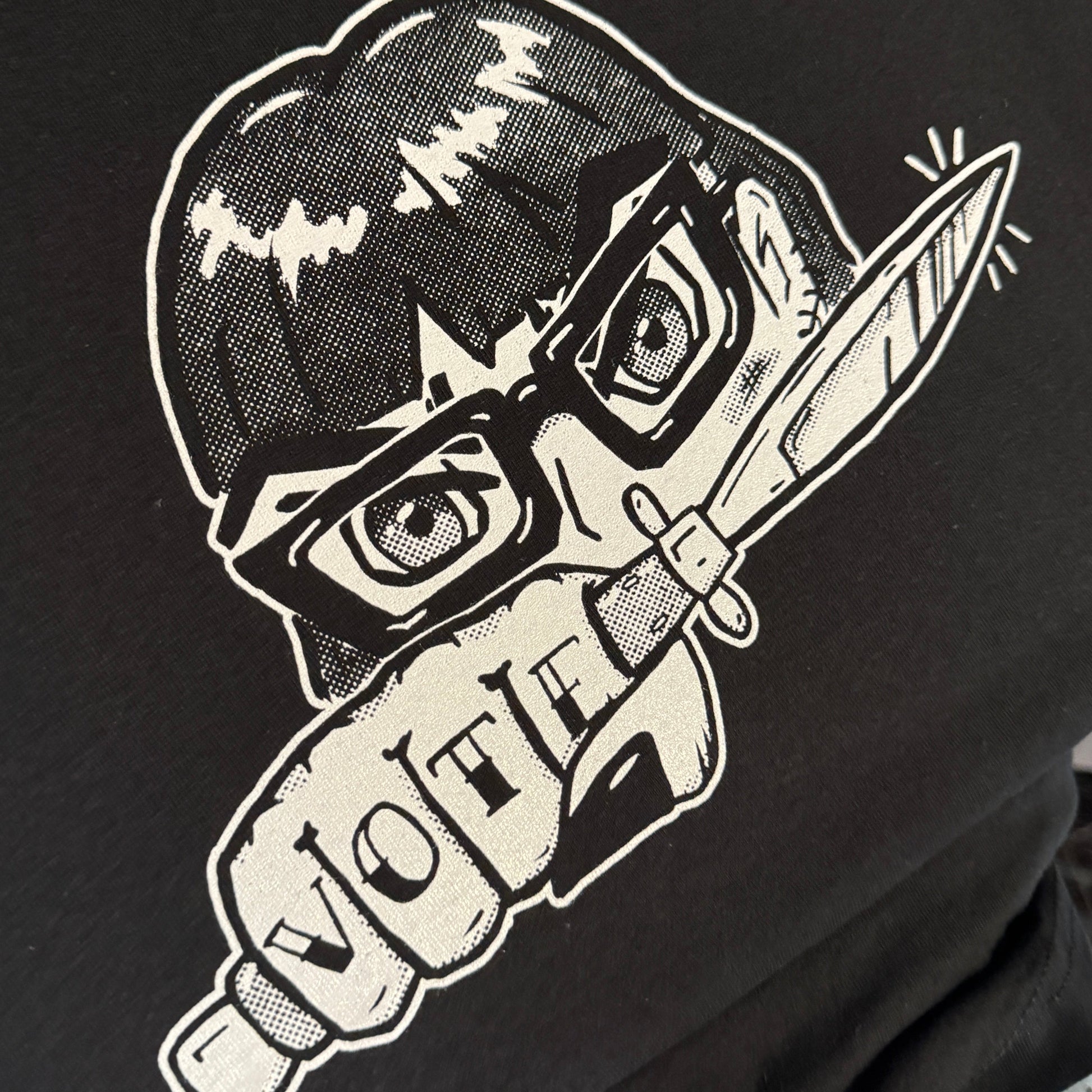 black t-shirt with an anime girl VOTE print