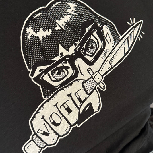 black t-shirt with an anime girl VOTE print