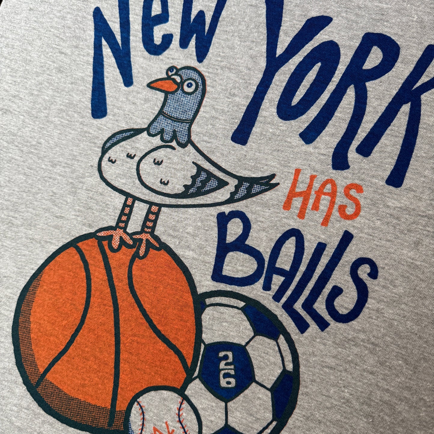 T-shirt with 'New York Has Balls' text and a pigeon with sports ball graphics on a grey shirt