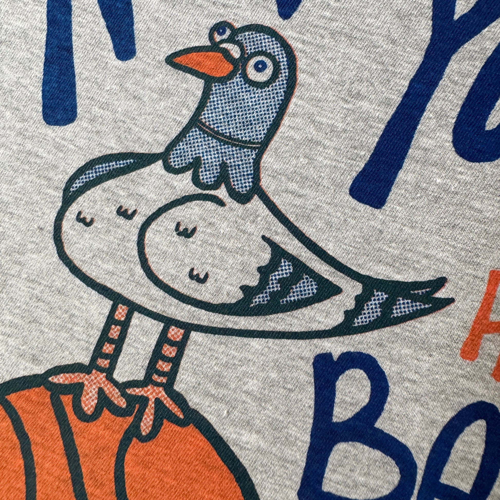 T-shirt with 'New York Has Balls' text and a pigeon with sports ball graphics on a grey shirt