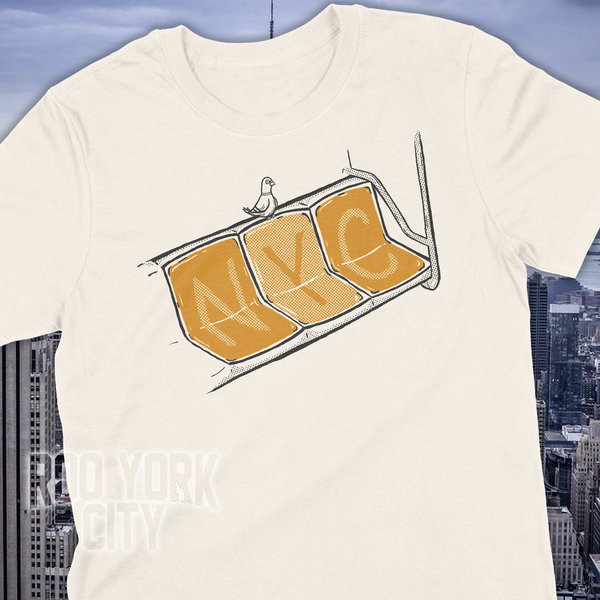 NYC Orange Subway Seats and Pigeon (New York City // hand drawn // original design // 2 color print)